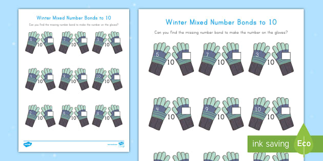 Winter Mixed Number Bonds to 10 on Mittens Activity