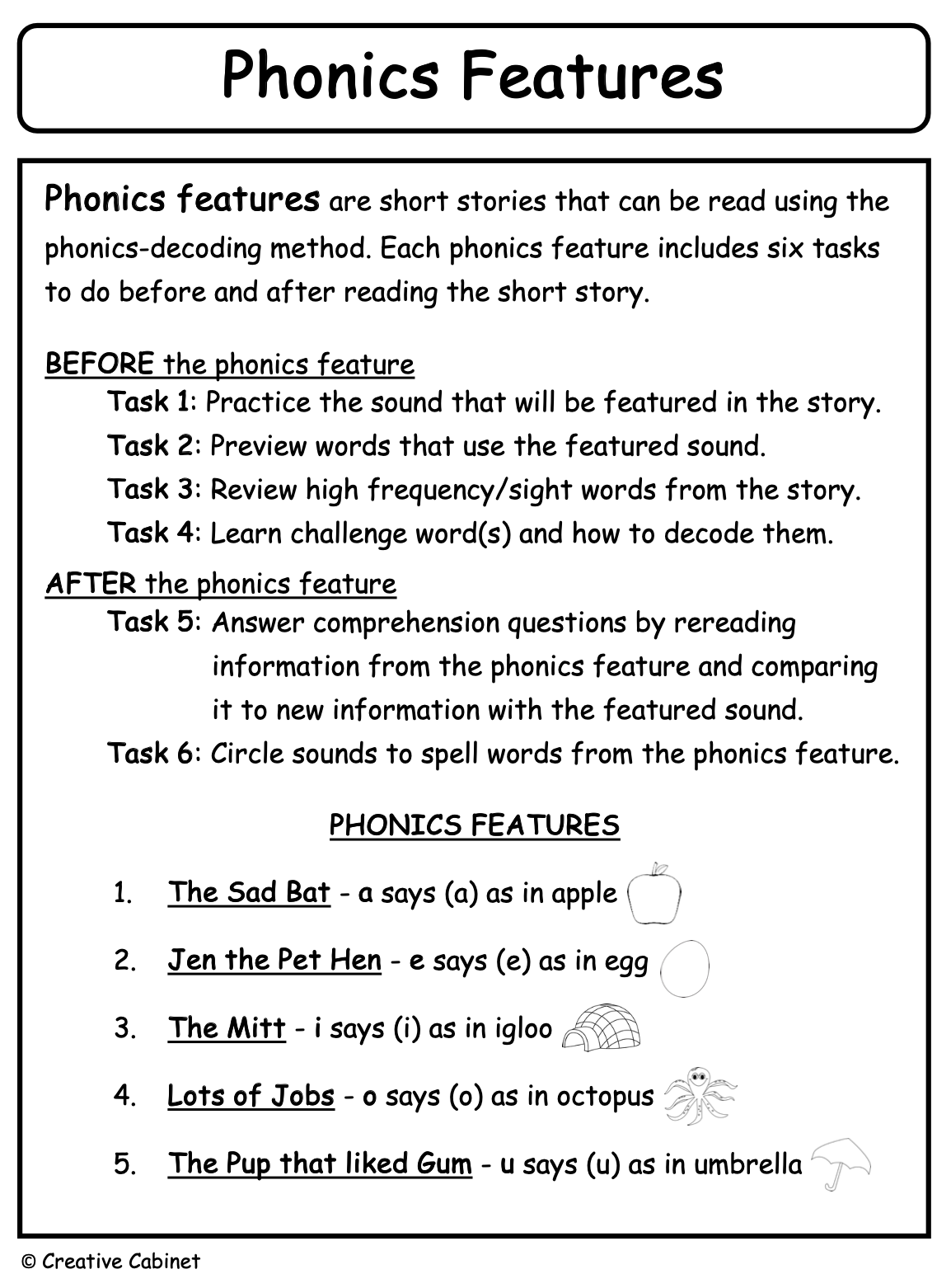 Phonics Features - Short a, e, i, o and u
