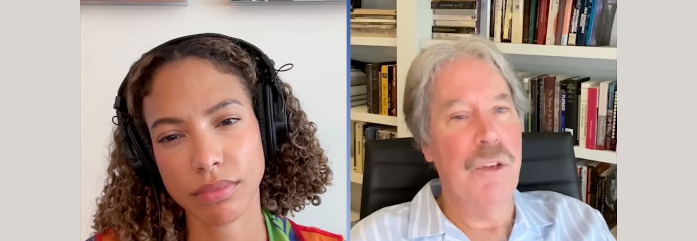 Split-screen video still of music journalist Sidney Madden and music historian Ted Gioia in a remote podcast conversation.