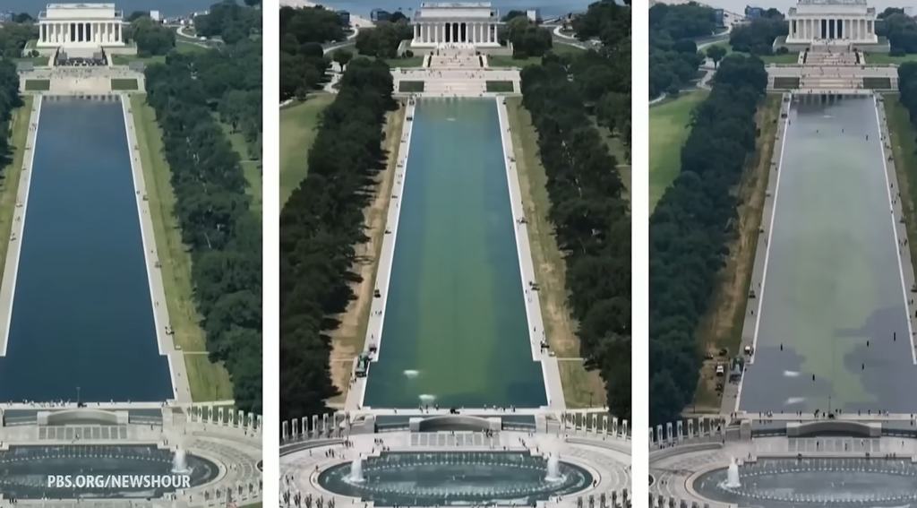 A PBS NewsHour three-panel aerial comparison showing the Lincoln Memorial Reflecting Pool at different points in time: clear blue water on the left, increasingly green algae-affected water in the center, and a murky gray-green pool on the right, illustrating the pool's deterioration since its renovation.