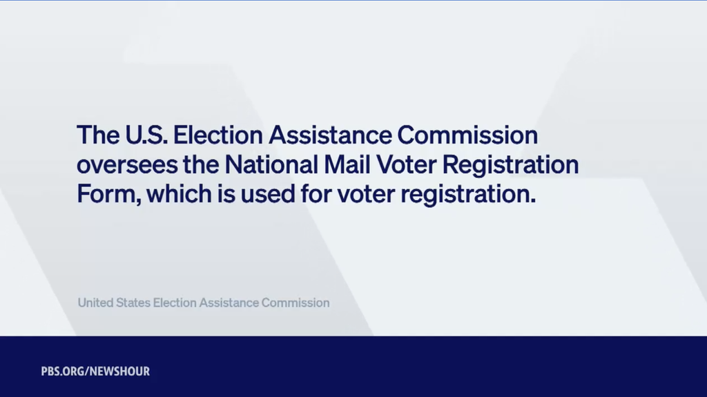 PBS NewsHour infographic citing the U.S. Election Assistance Commission: the EAC oversees the National Mail Voter Registration Form, which is used for voter registration.