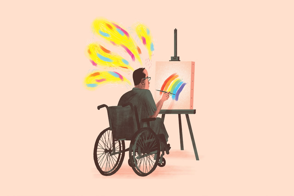 A digital illustration of a person in a wheelchair painting a colorful rainbow on a canvas, with vibrant yellow, blue, pink, and orange brushstroke shapes bursting from their head, symbolizing the creative and healing power of art therapy.
